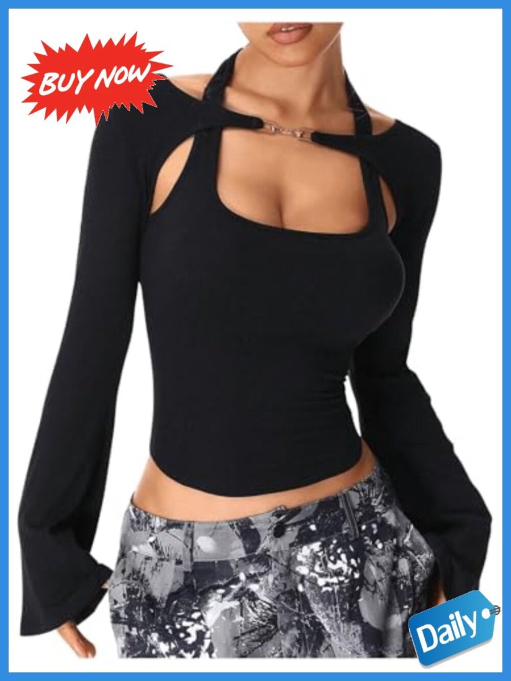 Slim Fit Halter Neck Long Sleeve Crop Top Cut Out Flare Sleeve Going Out Tops